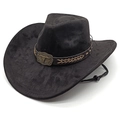 Detail of black suede cowboy hat featuring vintage leather band and bull head metal buckle - M (56-58cm) / Black