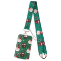 Close-up of Christmas themed lanyard with cartoon bear and snowman pattern on green strap - YZ31-103 Forest Green Cartoon Set