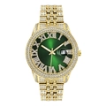 Macro detail of luxury gold watch featuring green Roman dial and diamond bezel - Gold Case Green Dial