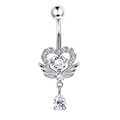 Silver belly button ring with heart-shaped wing design and dangling zircon teardrop - Style 39