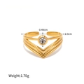 Gold plated titanium open ring featuring triple chevron lines and a centered round zircon - Adjustable Open / Double Layer White Zirconia