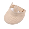 Detail of beige straw open-top sun hat featuring cute woven bunny ears for kids - Solid Animal Ear Style / Beige
