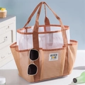Brown and white mesh beach tote with pockets and BEACH LOVE patch for summer travel - Brown