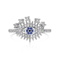 S925 sterling silver evil eye ring with blue and white zircon stones on white background - Ring