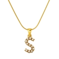 Gold plated stainless steel snake chain necklace with pearl letter S pendant - S (S-P149-S)