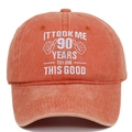 Close-up of 90th birthday embroidery on washed cotton distressed baseball cap - Adjustable / Orange