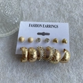 Golden 6-pair geometric earring set with pearls and rhinestones on white display card - KC Gold (8542)