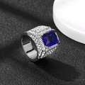 Luxurious wide silver Cuban ring featuring a large rectangular blue zircon and micro-pave stones - RG22013/Rectangle Blue Gemstone