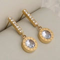 Golden earrings with long diamond bar, round pendant and Roman numeral engravings - Gold + Round Roman Numerals