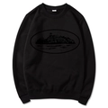 Classic black crewneck sweatshirt featuring a monochrome island landscape oval print - Black (Vintage Style)
