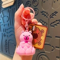 Pink Capybara glowing keychain pendant with lotus base and decorative brown bear card - Buddhist Capybara Pendant - Pink