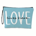 Light blue floral makeup bag with LOVE lives here print and black wristlet strap - LOVE Lettering Light Blue Style (xy-008-02) / With Strap