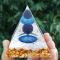 Orgone energy pyramid with gold foil, white stones, and blue mandala orb in resin - 6cm / A39-White Stone Blue Mandala Ball
