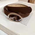 Dark brown suede belt with oval silver metal buckle shown on a vintage book - 74# Waist Chain - Dark Coffee