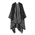 Black and grey paisley jacquard knitted shawl wrap with open front and fringed hem - One Size / Paisley Pattern - Black Grey
