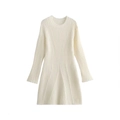 Vestido de punto acanalado blanco ajustado con manga larga y cuello redondo de línea A - S / Blanco