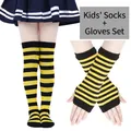 Kids knitted black and yellow striped long socks and fingerless gloves accessory set - Black and Yellow Stripes