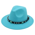 Detail of turquoise fedora hat featuring black leather band and silver studs embellishment - M (56-58cm) / Lake Blue