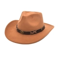Detail of western cowboy hat in camel felt with brown leather band and metal studs - Khaki