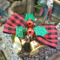 Christmas cake decoration featuring a red buffalo plaid bow with holly leaves and bells - Style 25-Red Black Plaid Berry Double Bell Bow