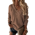 Women's V-neck long sleeve knit sweater in brown solid color for autumn wear - S / Coffee