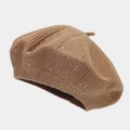 Detailed close-up of brown knit beret with sparkling silver sequins and ribbed texture - M (56-58cm) / Dark Khaki