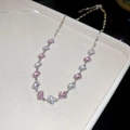 Detail view of necklace featuring rectangular pink and white zircon stones in silver setting - Necklace - Silver - Pink - White