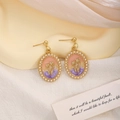 French retro gold tulip drop earrings with pink gradient and pearl frame detail - Pink Purple Tulip Pearl Frame (E6472)