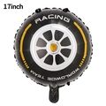 Macro detail of 17-inch black racing tire foil balloon with white Racing typography - Yellow Striped Tire Round Balloon
