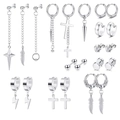 Silver stainless steel earring set featuring star, feather, and cross charms with ear cuffs - Silver Fashion Star Feather Set (36016)
