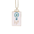 Detailed close-up of a gold square pendant with evil eye motif and feather engraving - 5# White Base Evil Eye Feather