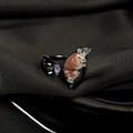 Detail view of butterfly open ring with maroon enamel wings and purple crystal accents - Adjustable Open / Black Metal Red-Brown Texture Butterfly (JZ4184)