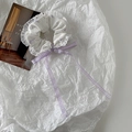 Floral scrunchie with white lace edges and purple plaid bow ribbon hair accessory - Lace Trim Purple