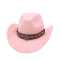 Detail of pink western cowboy hat with brown leather band and vintage floral metal buckle - Pink