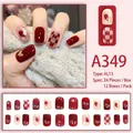 Short press-on nails set with red checkerboard heart and glitter patterns, 24 pieces - Wine Red Heart Plaid Style (A349) / 24 Pcs/Set