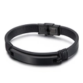 Pulsera de hombre en cuero trenzado negro con placa curva de acero mate y cierre de seguridad - 19cm / Negro