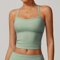 Sage green brushed yoga sports bra with thin straps and square neckline for women - S / Basil Green