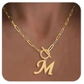 Gold paperclip chain necklace with capital M letter pendant and toggle clasp on neck - M