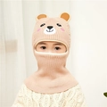 Close-up of pink knitted baby hat with bear ears and integrated neck warmer scarf - One Size / Little Bear Beige