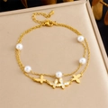 Double-layer gold stainless steel anklet with butterfly shell pendant and pearls - Gold Double Layer Butterfly Pearl Style (B1624)