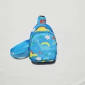 Blue kids crossbody chest bag featuring colorful cartoon dinosaur prints and adjustable strap - Light Blue
