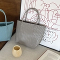 Handwoven straw tote bags in grey and light blue with waterproof PVC square texture - Small / Gray