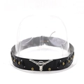 Black leather hat band featuring a silver bull head emblem and vintage gold studs - 15 Silver Bull Head Black Band