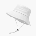 Detail of white bucket hat featuring adjustable chin strap and reinforced brim stitching - M (56-58cm) / White