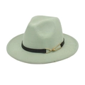Detail of mint green wool fedora hat featuring a black leather band and gold metal buckle - Mint Green