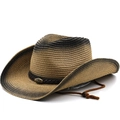 Classic Western straw cowboy hat with wide brim, leather band, and bull buckle detail - M (56-58cm) / Khaki Black Gradient