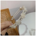 Elegant white pearl headband with 3D resin roses and double-layered bead design - Pearl White