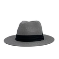 Close-up of gray woven straw fedora hat featuring a classic black ribbon and textured brim - Adjustable / Gray