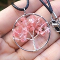 Handmade silver wire tree of life necklace with natural pink crystal stones - Watermelon red