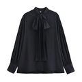 Women's black long sleeve fashion shirt featuring a large bow tie neck design in flat lay - XS / Black